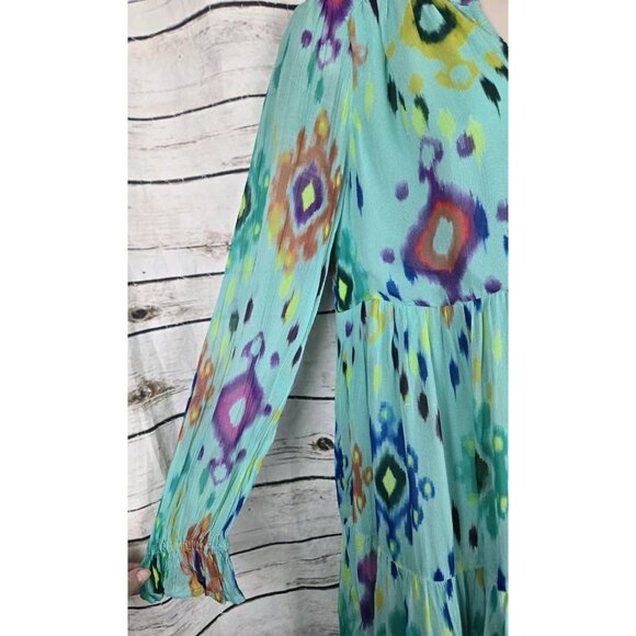 Anthropologie Serenade Maxi Dress S Petite Green Whimsical Fairy Ikat Tiered - Picture 4 of 7